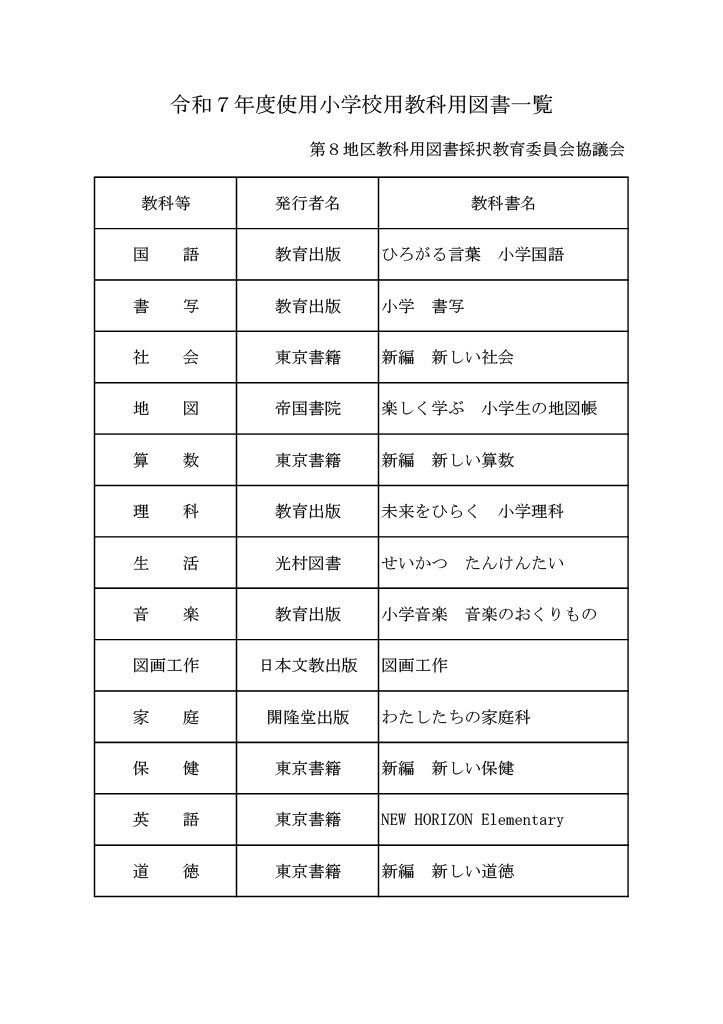 令和７年度使用小学校用教科用図書一覧